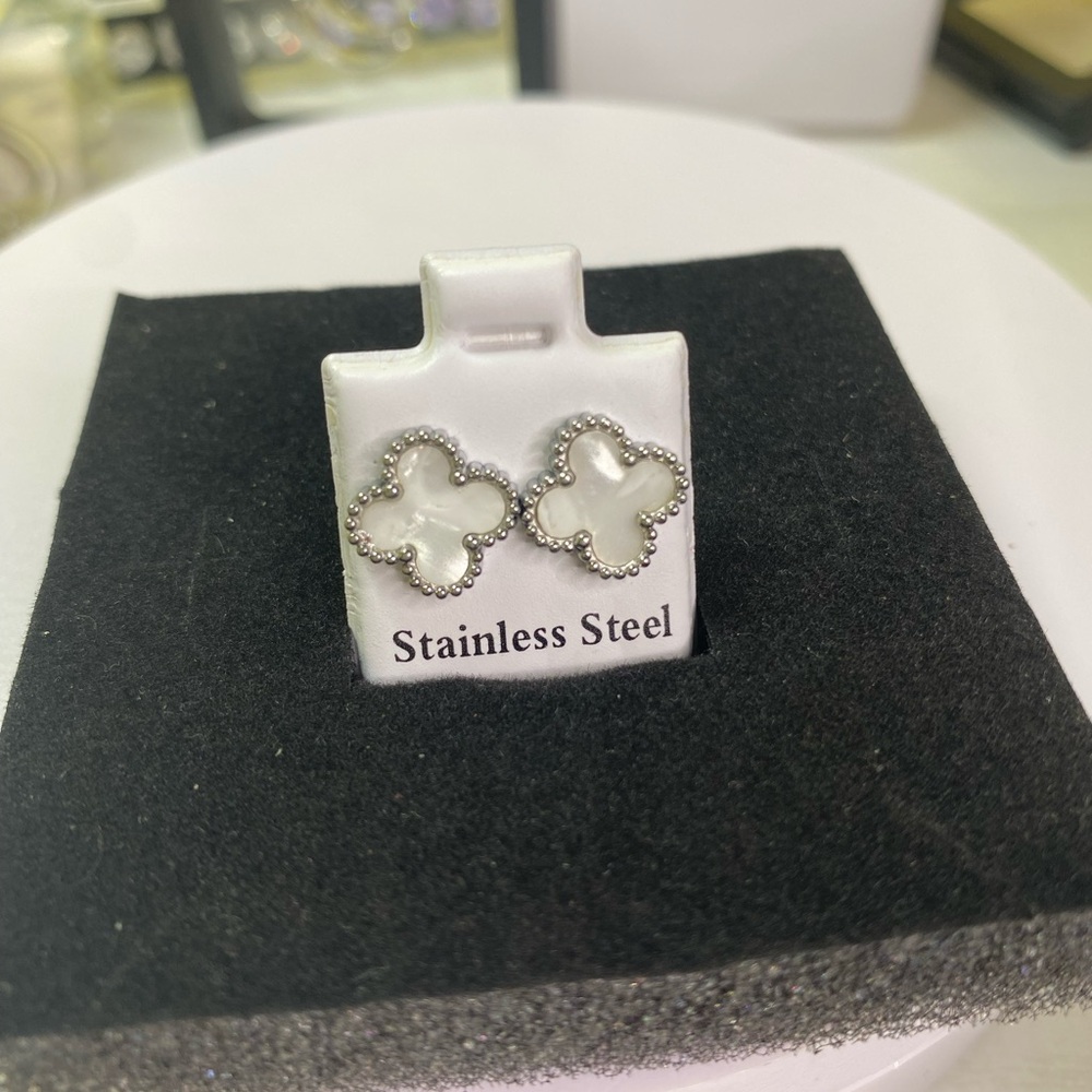 Stainless Steel Silver and White Clover Earrings